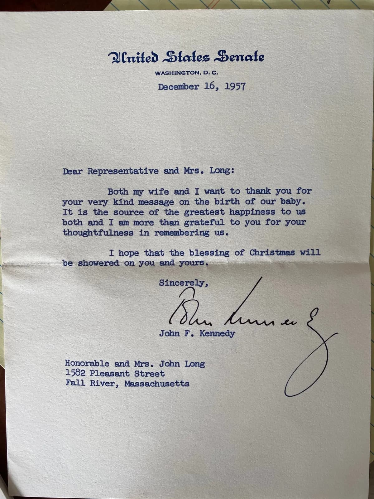 Letter from Senator Kennedy thanking the Longs for congratulations on Caroline Kennedy's birth, December 16, 1957