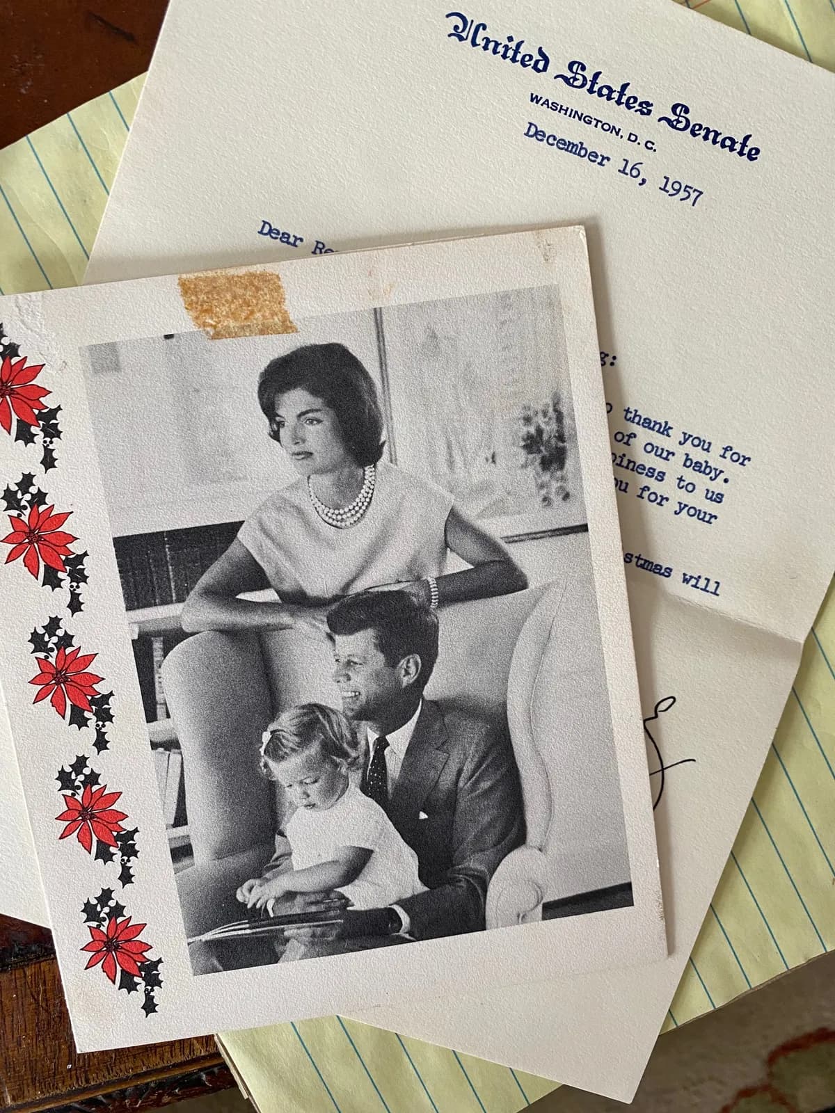 Kennedy family Christmas card with photo, 1957