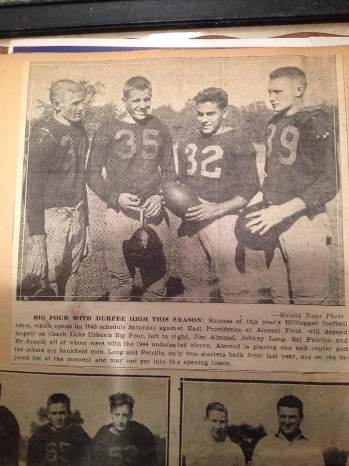 Herald News clipping — 'Big Four with Durfee High This Season' — Johnny Long (#32), 1945 Hilltopper football, 1944 undefeated squad