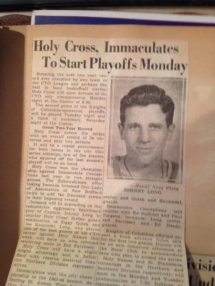 Herald News clipping — Captain Johnny Long, Holy Cross CYO basketball: 54 victories, 2 defeats