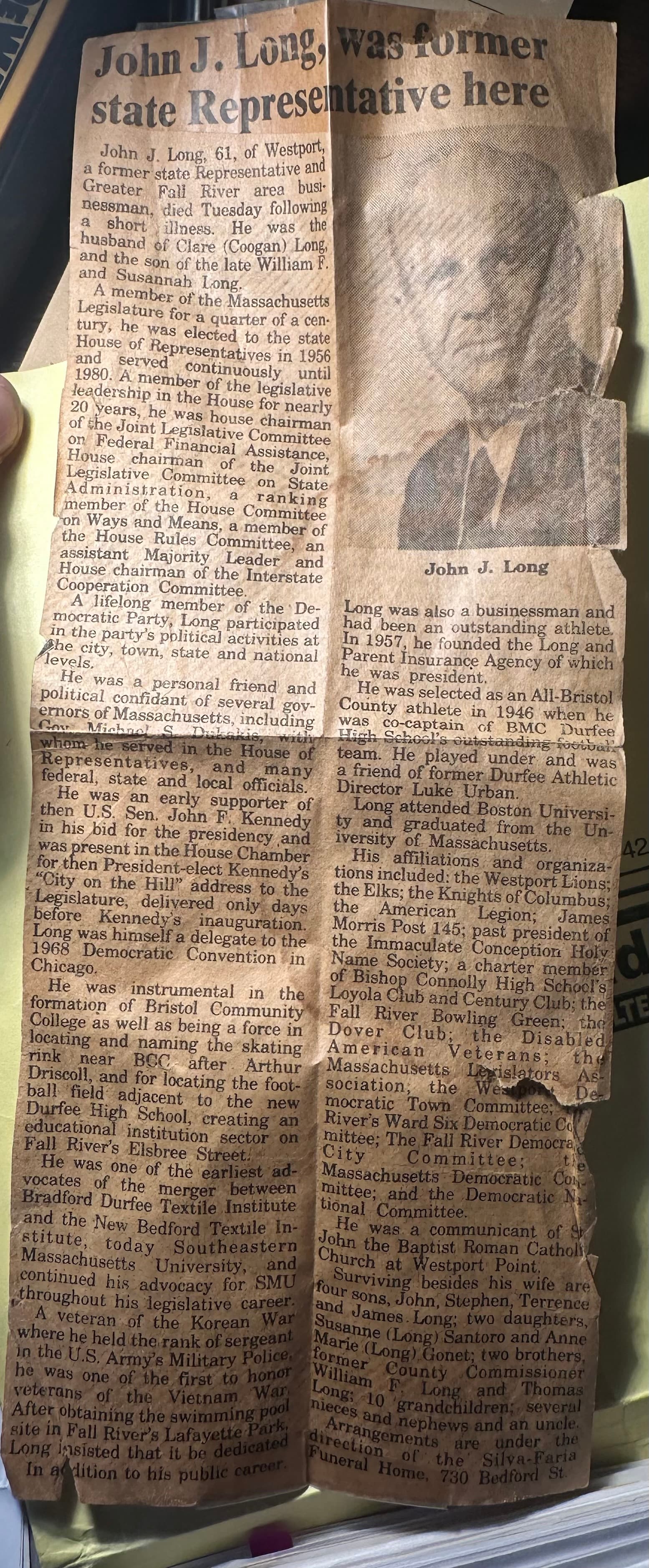 Newspaper obituary for Rep. John J. Long, December 1989