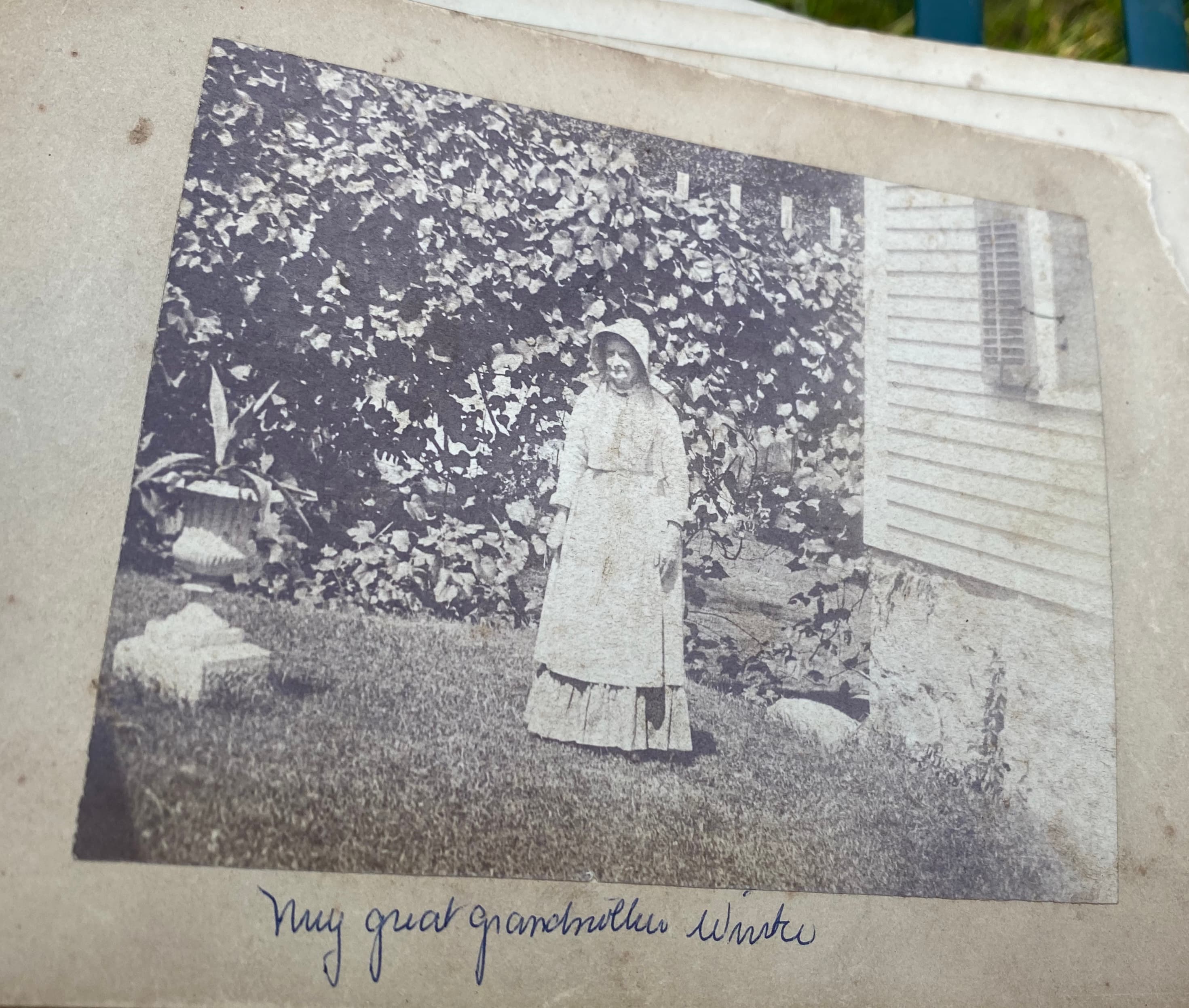 Great-Grandmother Winter standing in garden, Fall River