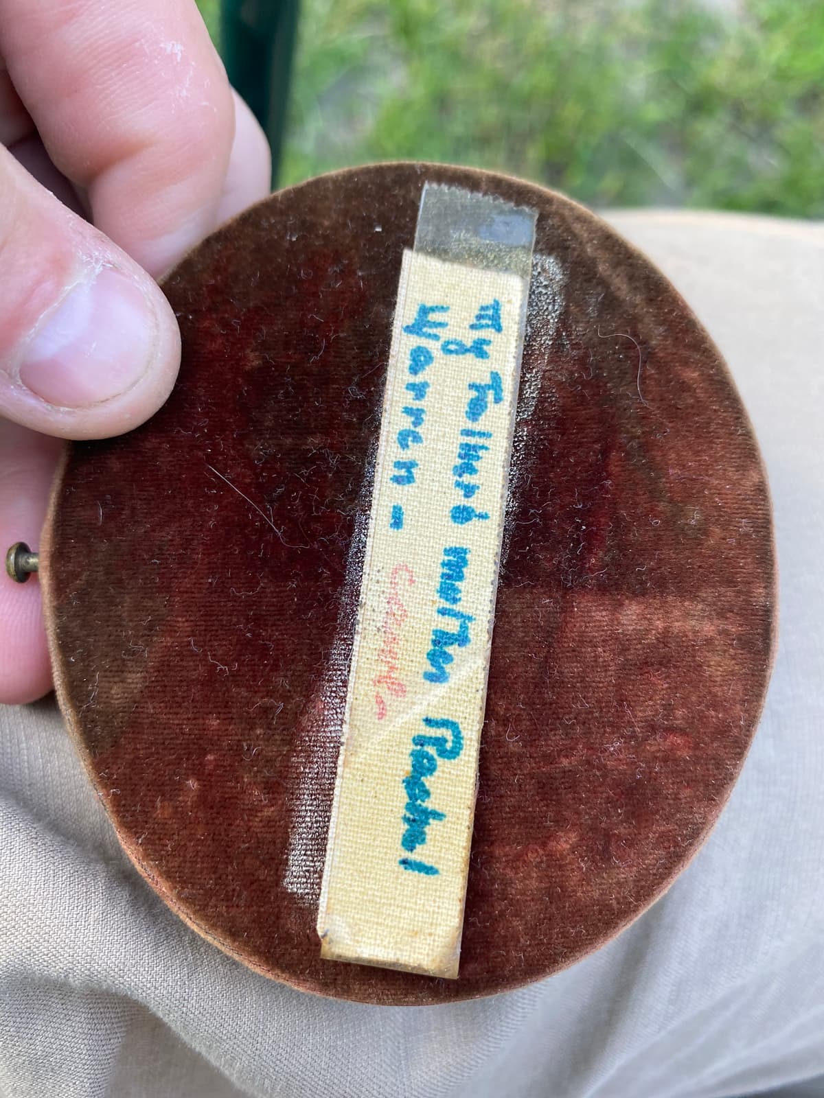 Label on the back of the Rachel Warren case