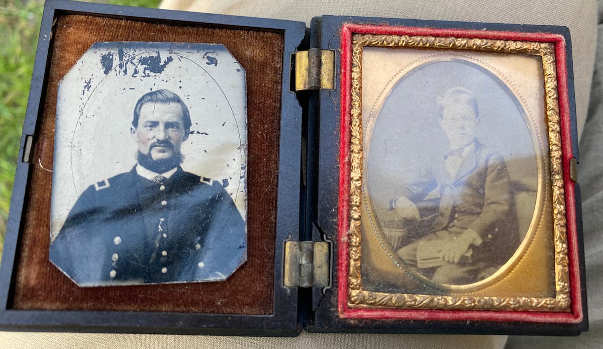 Hinged case: Leroy E. Swift in uniform, tintype, and his son Le Roy Warren Swift